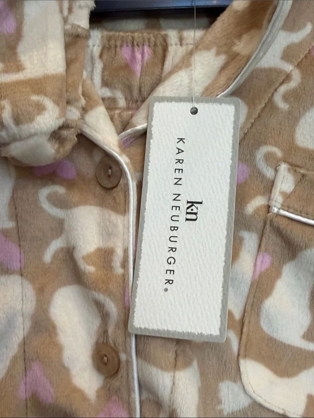 Karen Neuburger Beige and Pink Cat-Print Pajama Set